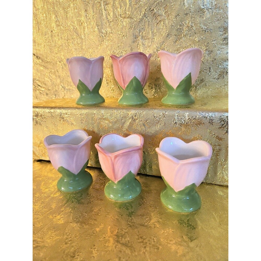 6pc Hand-painted Ceramic Pink Tulip Eggcups, Vintage